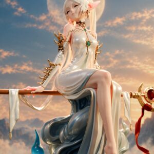 Computer-generated close-up rendered example of the CA3D Frieren figure from Frieren: Beyond Journey's End, featuring her peaceful expression, pointed elf ears, white hair, turquoise gemstone jewelry, and gold-trimmed ivory dress.