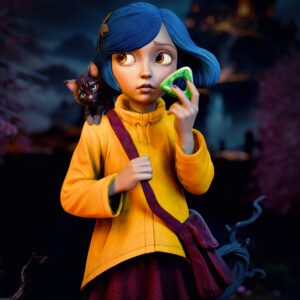 Close-up of Coraline Jones collectible figure showing her blue bob haircut, expressive eyes, yellow raincoat, black cat companion and green seeing stone.