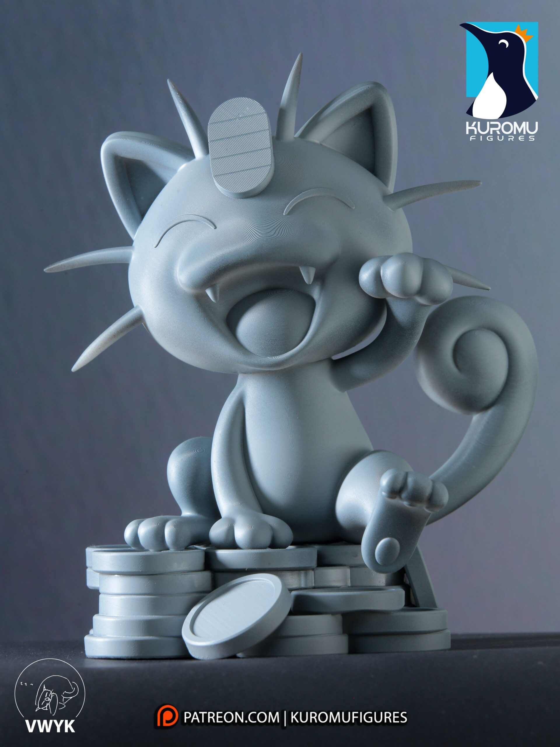 Close-up photograph of the unpainted Meowth statue by Kuromu Figures, highlighting the smiling cat face, forehead coin, whiskers, curled tail, and stacked coin base.