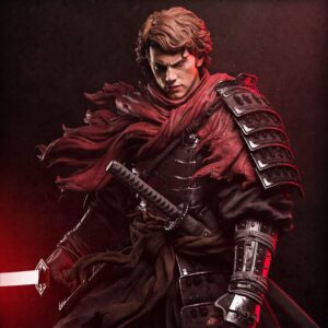 Close-up of Samurai Anakin Skywalker Star Wars figure with intense expression, windswept hair, layered samurai shoulder armor, red scarf and detailed sword hilt.
