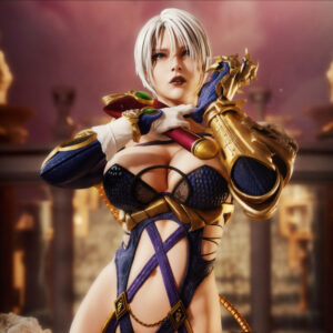 Close-up digital render of Ivy Valentine from Soulcalibur featuring her short silver hair, detailed facial sculpt, purple textured costume, ornate gold armored gauntlet, and signature Ivy Blade resting across her shoulders.