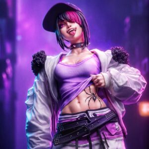 Close-up of Juri Han streetwear figure showing her mischievous smile, tongue piercing, spider tattoo, purple tank top and spiked choker.