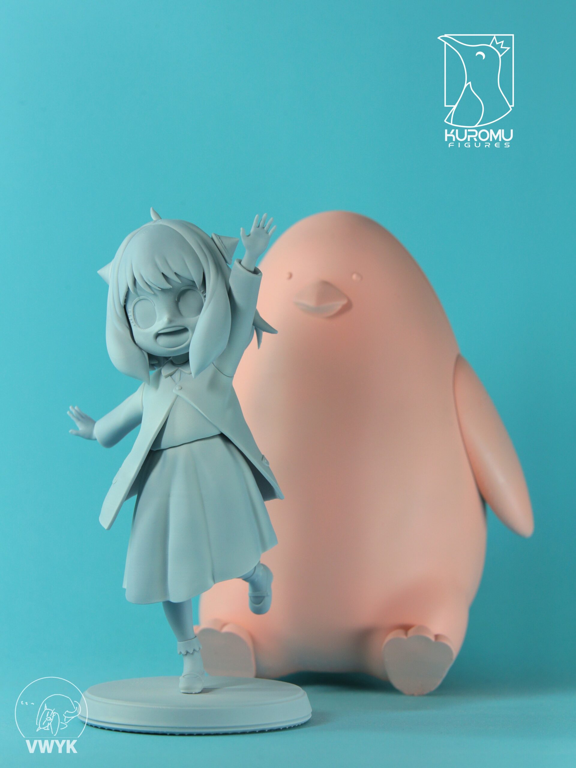 Unpainted Anya Forger and oversized penguin collectible figures from Spy x Family by Kuromu Figures, displayed together against a turquoise background.