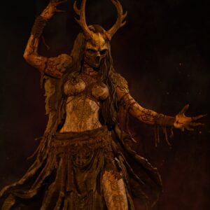 Close-up digital rendered example of the Norse Witch original fantasy statue by CA3D, featuring an antlered skull mask, long flowing hair, ritual tattoos, and outstretched hands.