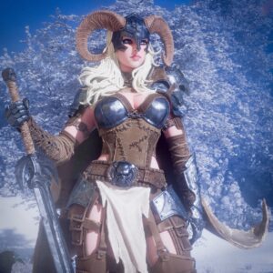 Close-up digital rendered example of the Warrior of the North fantasy statue by CA3D, featuring a blonde Viking shieldmaiden wearing a horned helmet, engraved steel armor, and a leather corset.