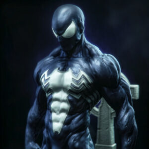 Close-up digital rendered example of the CA3D black suit web-slinger collectible, highlighting the oversized white spider emblem, sculpted musculature, and dark alien-inspired superhero costume.