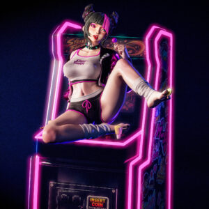 Juri Han Street Fighter figure by Nympha3D sitting on neon arcade cabinet