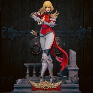 Front view of a painted Cha Hae-in Solo Leveling statue with blonde hair, red combat armor, silver boots, drawn sword, and ruined stone display base. Copy alt