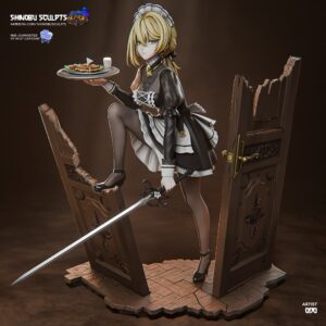 Computer-generated color render of Sextans from Girls' Frontline 2: Exilium by Shinobu Sculpts, wearing her black-and-white maid uniform and holding a serving tray and sword between two broken doors.