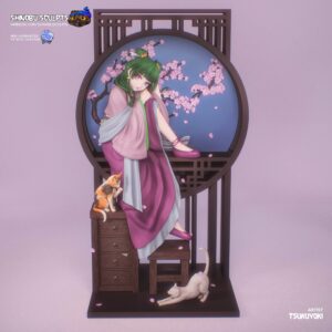Computer-generated color render of Maomao from The Apothecary Diaries by Shinobu Sculpts, seated among cherry blossoms and two cats in an ornate circular display.