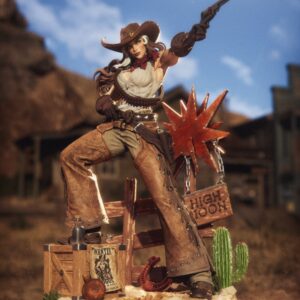 Front view of a painted Cowgirl Rogue statue in a brown cowboy hat, white blouse, leather chaps, and ammunition belt, aiming a revolver above a detailed Wild West display base.