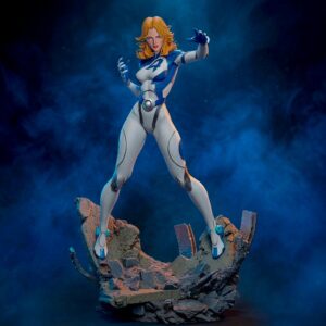 Digital sculpt measurement preview of Invisible Woman from Marvel Rivals by CA3D, showing her extended-arm pose on a destroyed battlefield base, measuring 351 mm tall at original 1:6 scale.
