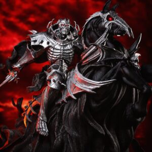 Close-up of CA3D Skull Knight figure showing detailed skeletal armor, spiked shoulder plates, a sword, and an armored black horse with crimson eyes.