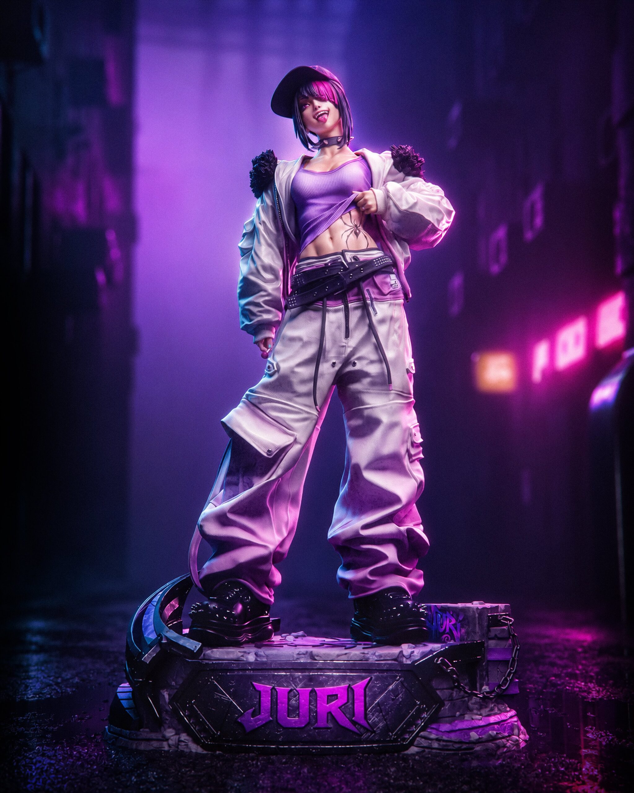 Full-length painted Juri Han Street Fighter statue with purple neon lighting, a spider tattoo, oversized streetwear and a Juri display base.