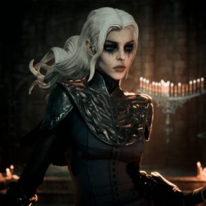Close-up of Yuria of Londor from Dark Souls with flowing silver hair, dark eye makeup, and ornate black armor, shown as a digital rendered example of the CA3D statue.