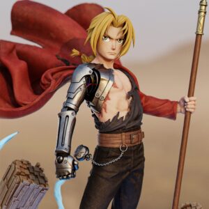 Close-up digital rendered example of the CA3D Edward Elric statue from Fullmetal Alchemist, highlighting his blonde hair, determined expression, exposed automail shoulder, battle scars, and flowing red coat.