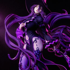 Computer-generated color render close-up of the Dark Mage Monster Girl Encyclopedia figure by Nympha3D, featuring her oversized purple witch hat, flowing violet hair, ruffled black dress, and ornate leg markings.