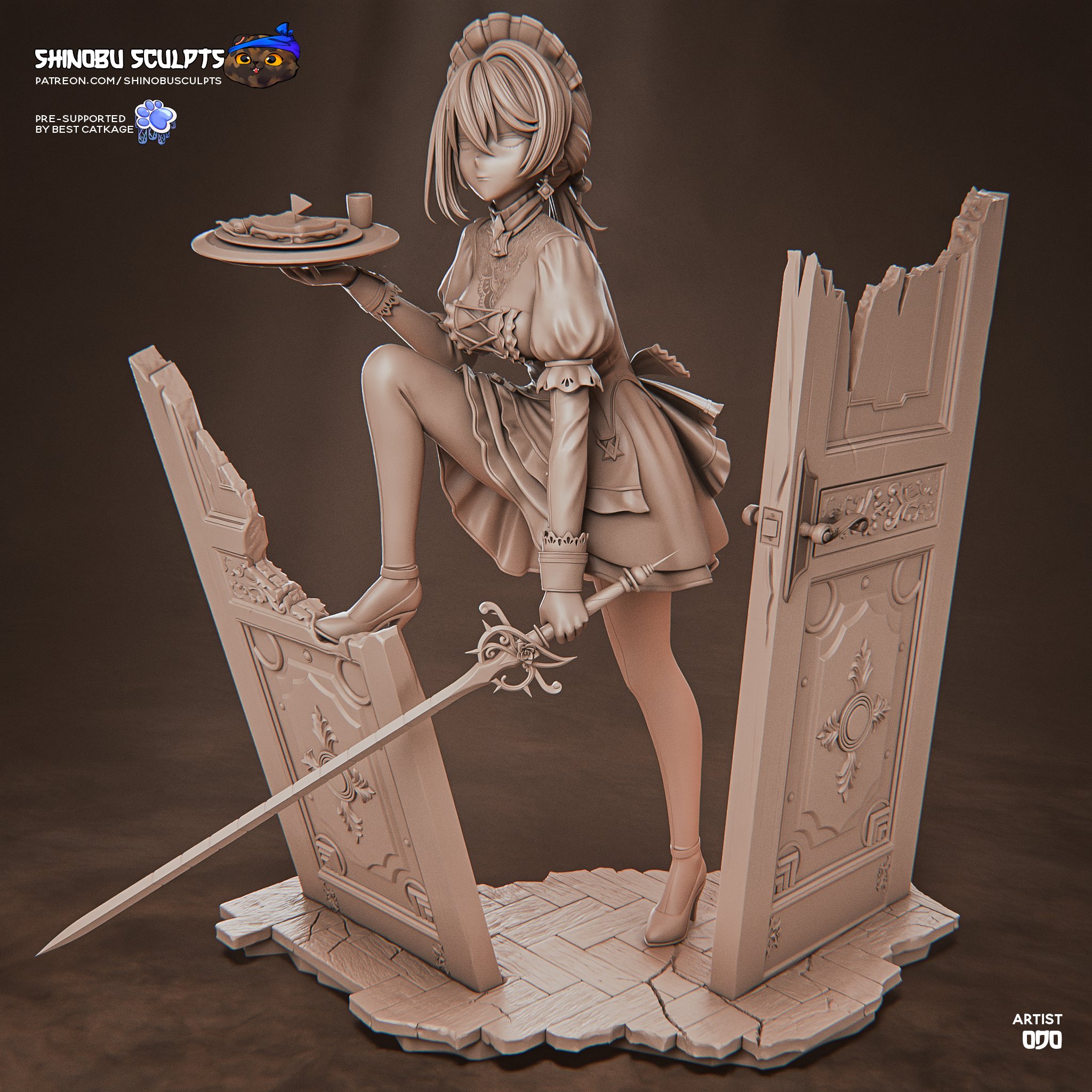 Front three-quarter unpainted render of Sextans from Girls' Frontline 2: Exilium by Shinobu Sculpts, highlighting the maid uniform, ornate sword, shattered wooden doors, and textured stone floor.