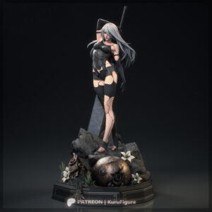 A2 NieR:Automata figure by Kuru Figure in SFW outfit, front three-quarter view with silver hair, oversized sword, white flowers, and machine wreckage display base.