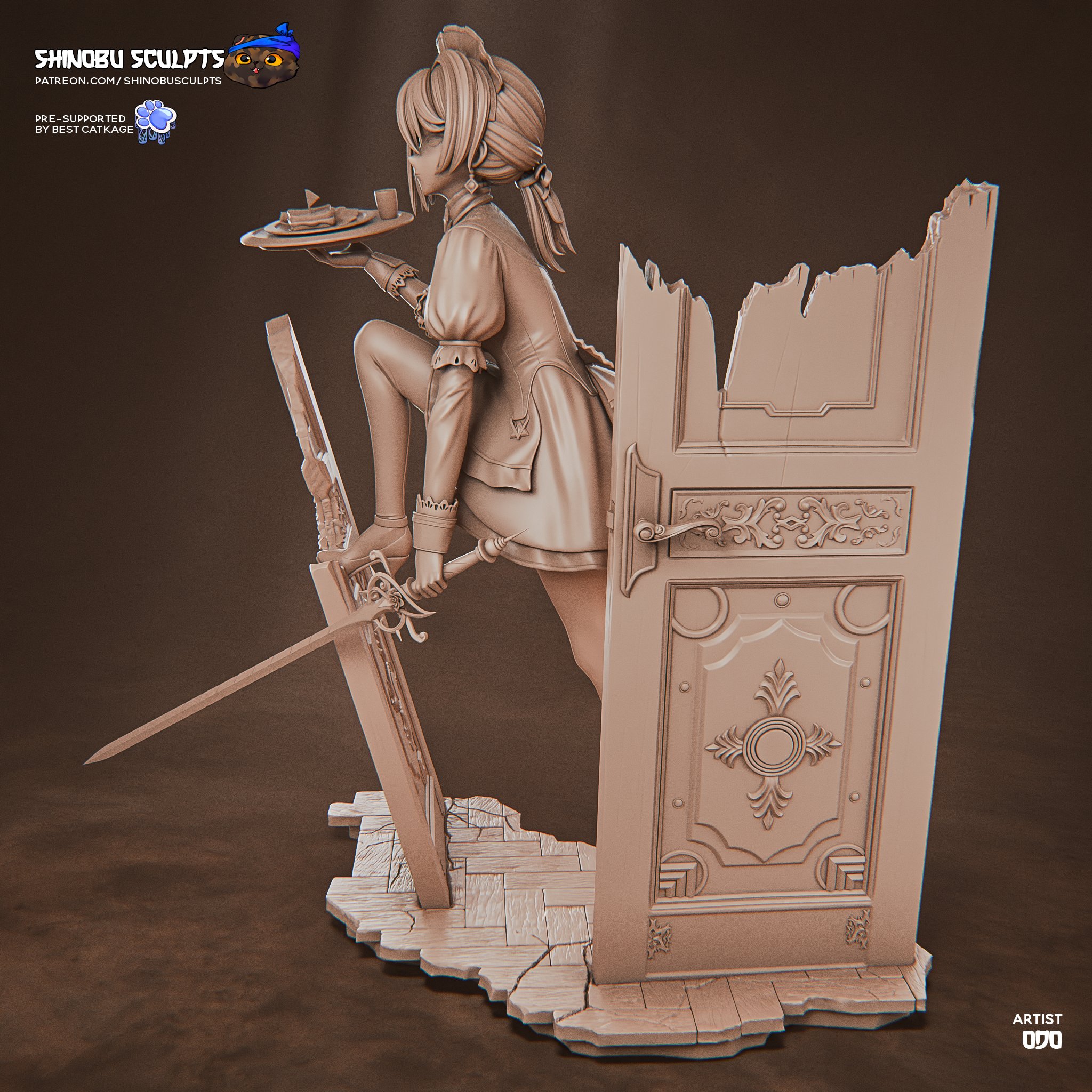 Unpainted clay-style render showing the side profile of the Sextans Girls' Frontline 2: Exilium figure by Shinobu Sculpts, with detailed hair, sword, serving tray, and damaged doorway.