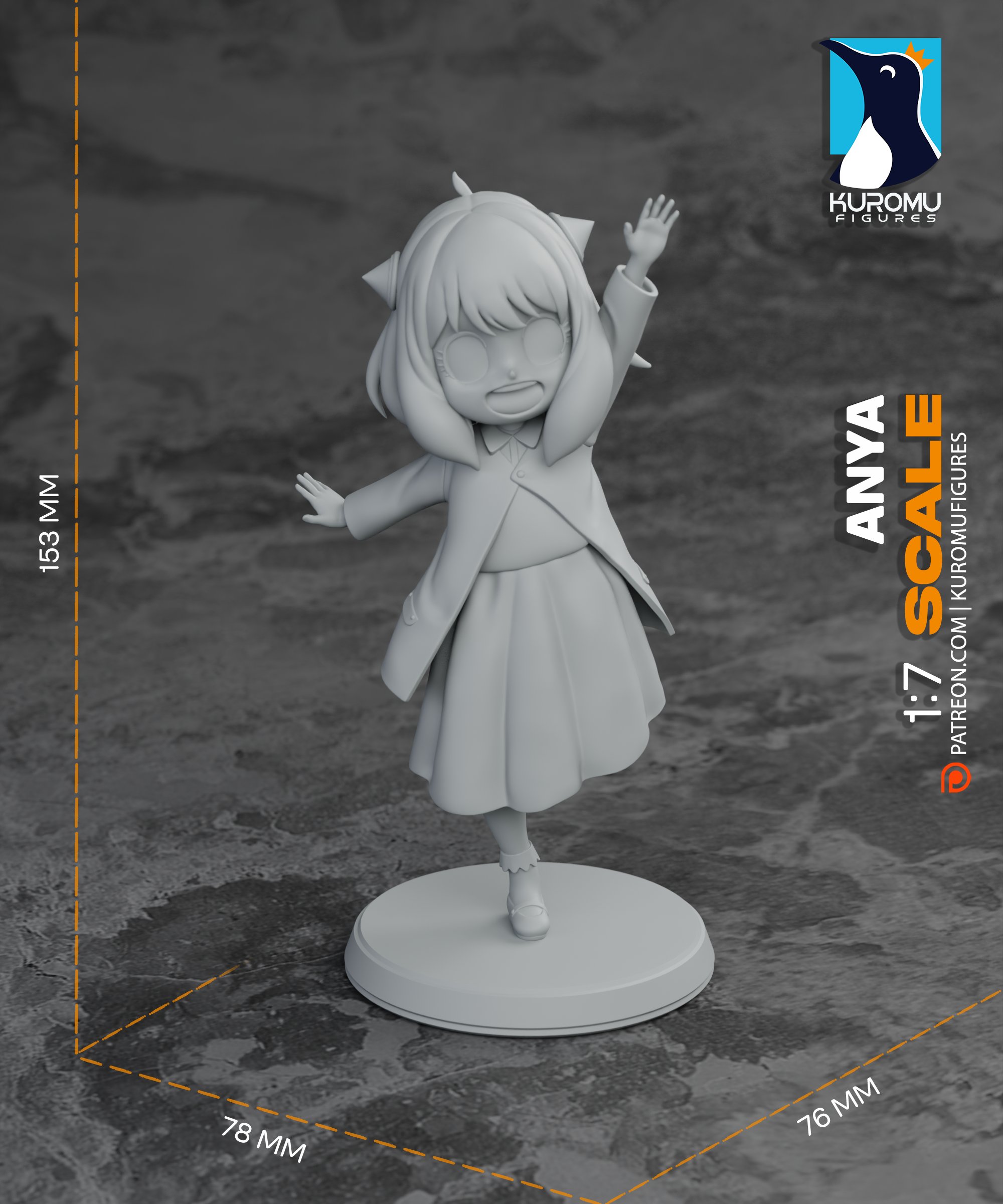 Grayscale digital sculpt of Anya Forger from Spy x Family by Kuromu Figures, showing her excited pose and original 1:7 scale dimensions of 153 mm tall, 78 mm wide and 76 mm deep.