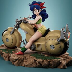 Blue-haired Launch from Dragon Ball by CA3D sitting on a gold motorcycle, wearing a green crop top, yellow shorts and red headband on a rocky display base.