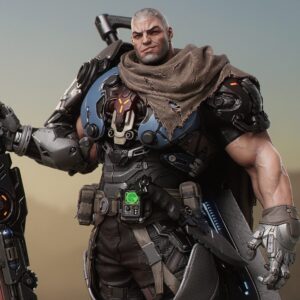Close-up of the Kurg CA3D figure highlighting his scarred face, detailed futuristic chest armor, mechanical gauntlet, tactical equipment, and weathered scarf.