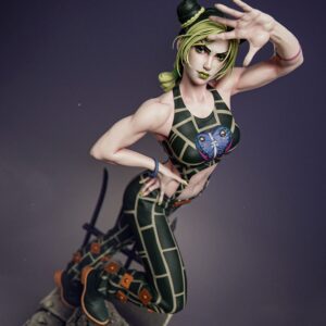 Computer-generated color render close-up of Jolyne Kujo from JoJo's Bizarre Adventure by CA3D, showing her green lipstick, braided hairstyle, butterfly chest emblem, and dramatic raised-hand pose.
