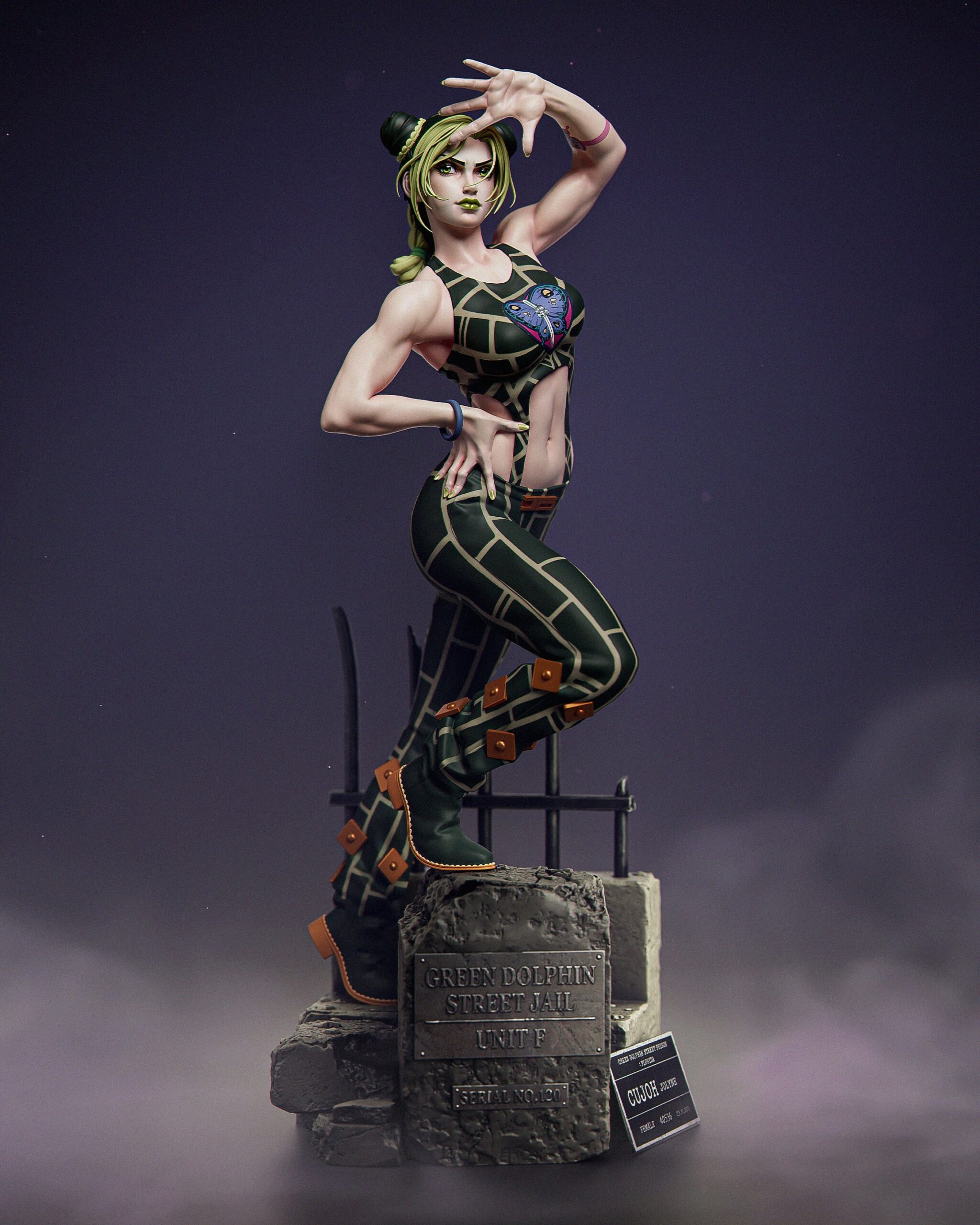 Rear computer-generated color render of Jolyne Kujo from Stone Ocean, showing her braided green hairstyle, open-back outfit, boots, and weathered prison wall with metal bars.