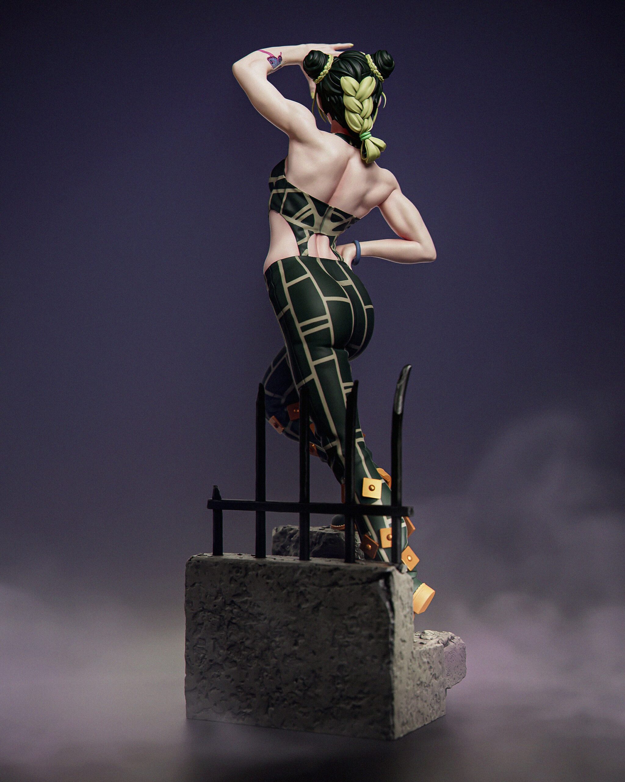 Full-length digital color render of Jolyne Kujo from JoJo's Bizarre Adventure: Stone Ocean, posed on a Green Dolphin Street Jail base with iron bars, prison plaque, and black-and-green outfit.