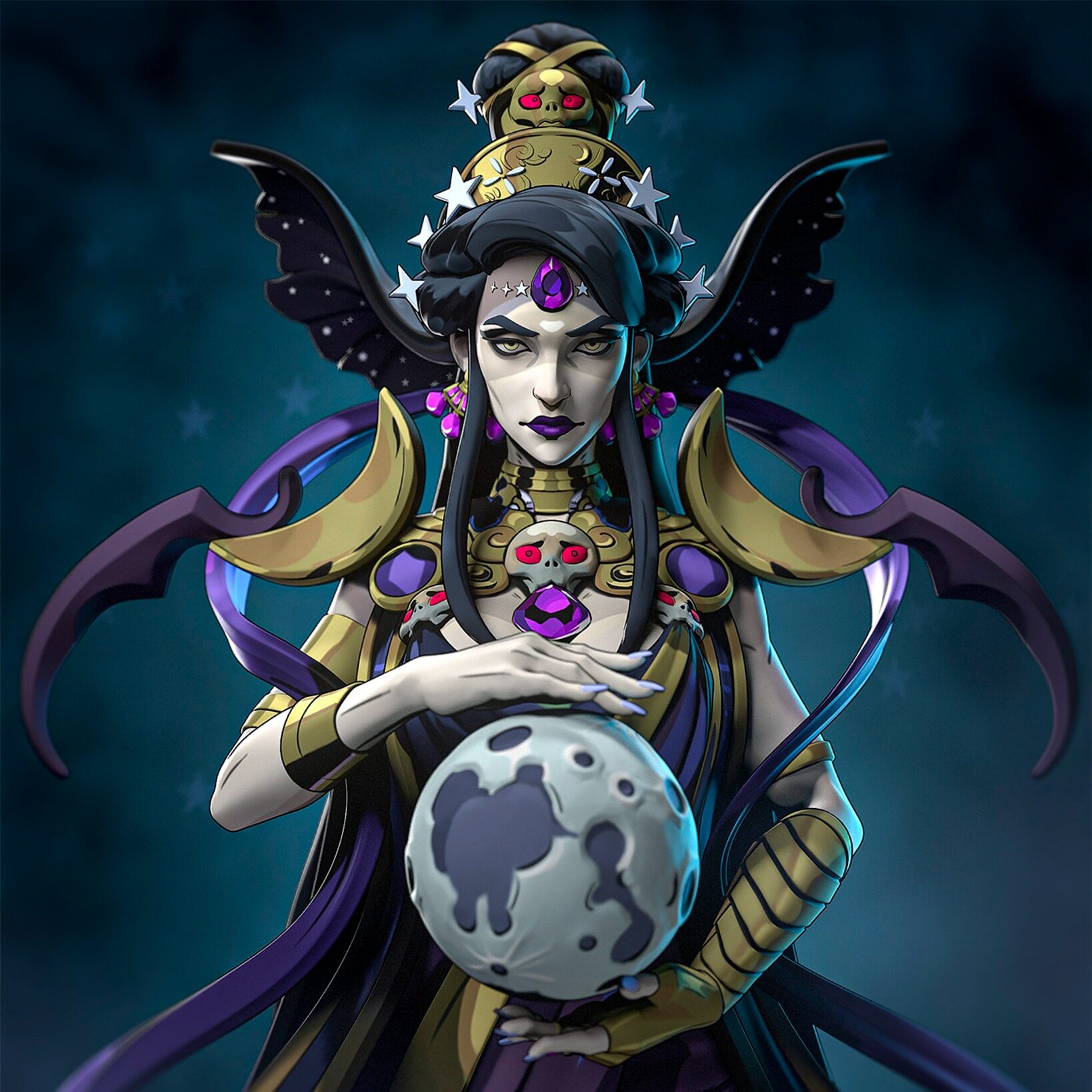 Close-up front view of Nyx from Hades holding her celestial moon orb