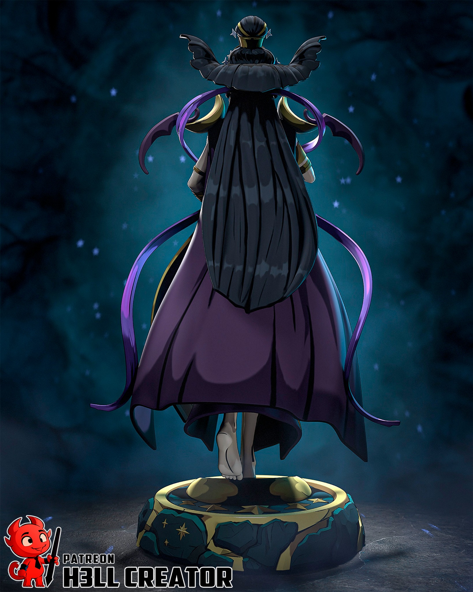 Rear view of Nyx Hades figure by H3ll Creator showing flowing hair, robes, ribbons, and celestial base