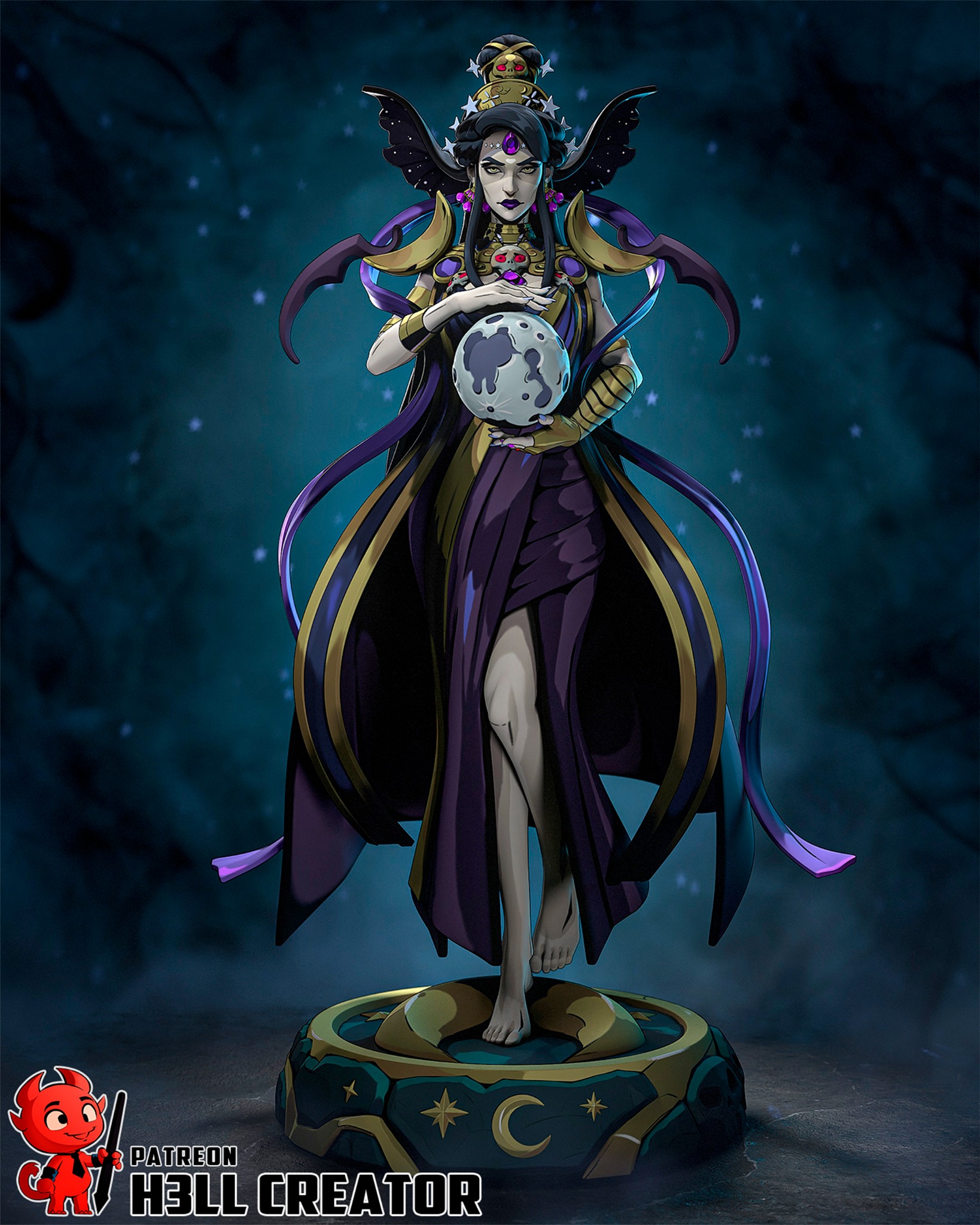 Full front view of Nyx from Hades by H3ll Creator with moon orb and celestial display base