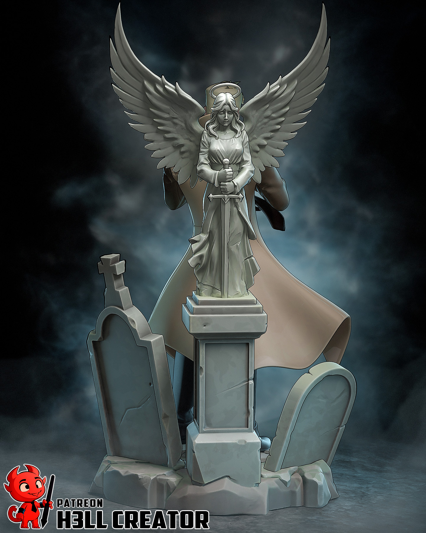 John Constantine DC Comics figure by H3ll Creator with angel graveyard display