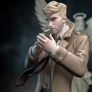Close-up of John Constantine figure lighting a cigarette