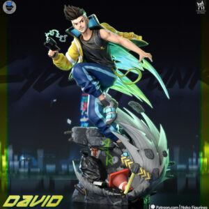 Computer-generated color render of David Martinez from Cyberpunk Edgerunners by Neko Figurines, leaping through Night City rubble in his yellow jacket with a pistol, green energy effects, and a dynamic action pose.