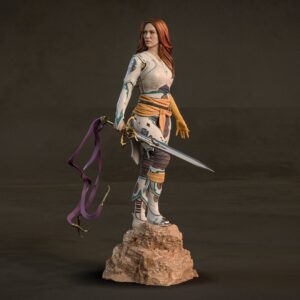 Computer-generated color render of Faye (Laufey) from God of War by CA3D, featuring auburn hair, white and teal Norse armor, an ornate sword with purple ribbons, and a rocky display base.