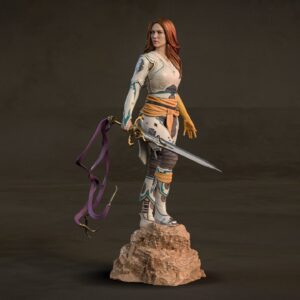 Computer-generated color render of Faye (Laufey) from God of War by CA3D, featuring auburn hair, white and teal Norse armor, an ornate sword with purple ribbons, and a rocky display base.