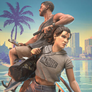 Jason and Lucia GTA 6 figures by H3ll Creator featuring Lucia carrying a duffel bag of cash while Jason holds a pistol.