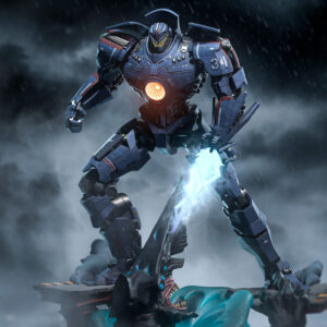 Computer-generated color render showing an example of H3ll Creator's Gipsy Danger Pacific Rim statue, featuring blue and red Jaeger armor, a glowing orange chest reactor, illuminated chain sword, and Kaiju battle scene.