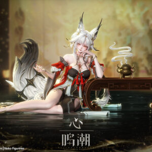 Computer-generated color render of Hsin from Wuthering Waves by Neko Figurines, reclining beside an ornate wooden table and incense burner with flowing silver hair, fox ears, and elaborate tails.