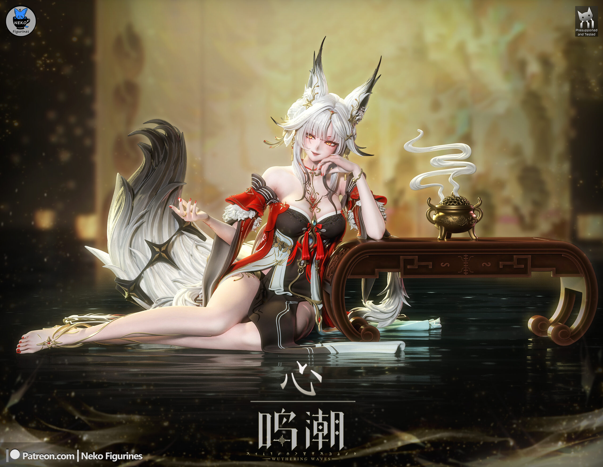 Computer-generated color render of Hsin from Wuthering Waves by Neko Figurines, reclining beside an ornate wooden table and incense burner with flowing silver hair, fox ears, and elaborate tails.