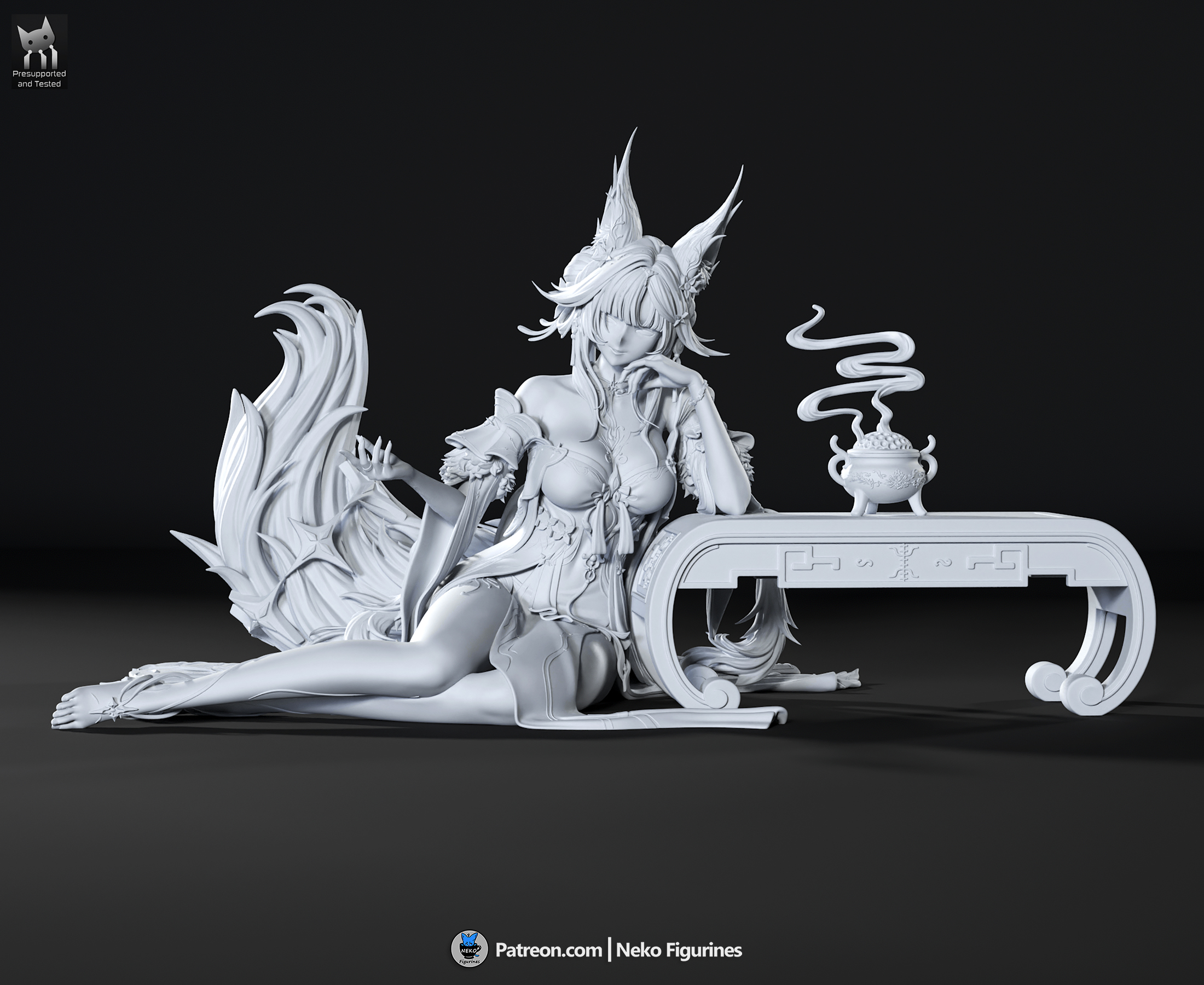 Front view of the unpainted Hsin Wuthering Waves statue by Neko Figurines, showing her reclining pose, detailed costume, flowing fox tails, ornate table, and incense burner.