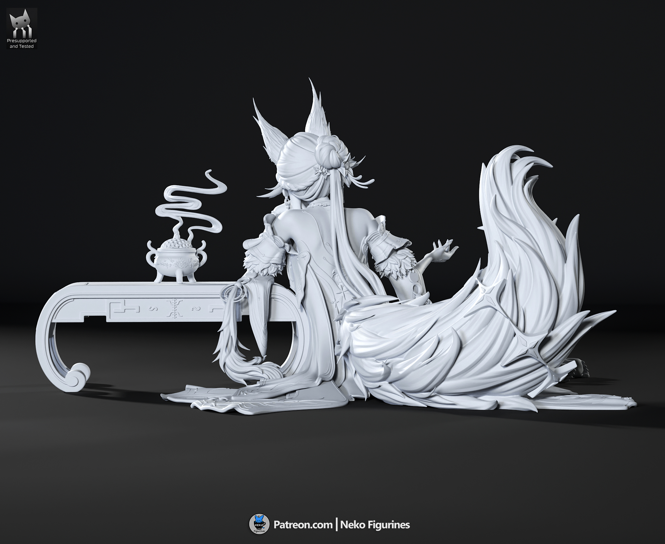 Rear view of the Hsin statue from Wuthering Waves by Neko Figurines, highlighting her intricate hairstyle, layered fox tails, decorative accessories, and sculpted table.