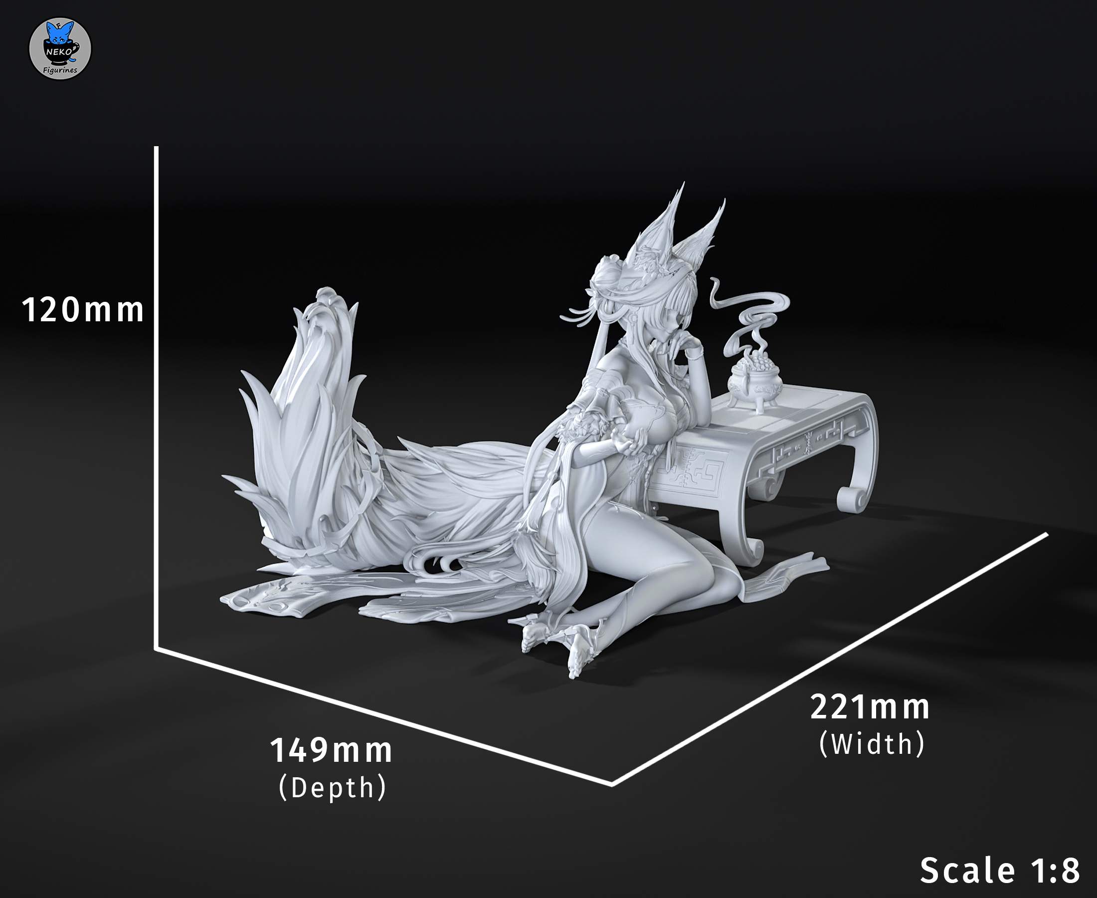 Dimensions of the Hsin Wuthering Waves figure by Neko Figurines at original 1:8 scale, measuring 120 mm tall, 221 mm wide, and 149 mm deep.