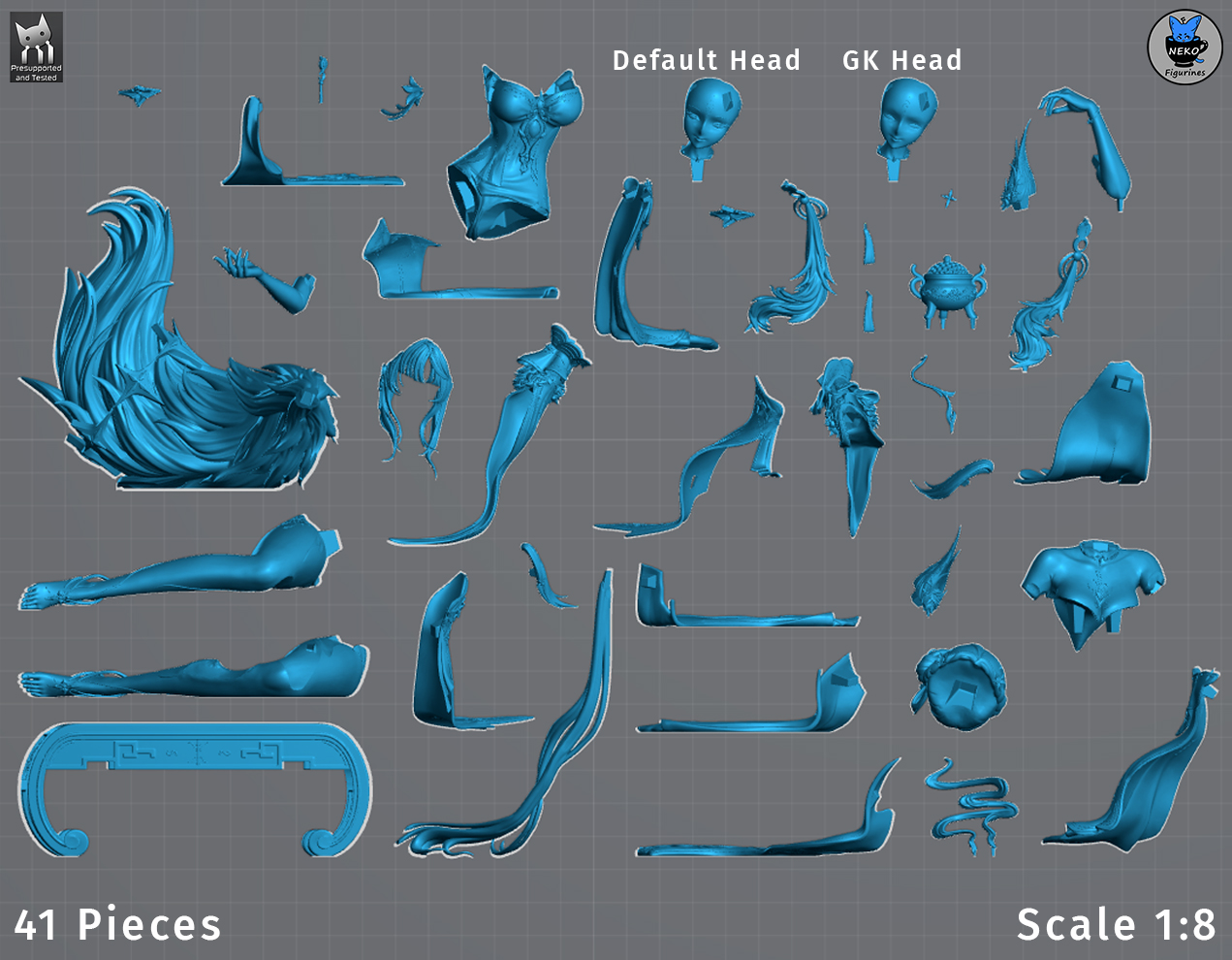 Exploded 3D sculpt of Hsin from Wuthering Waves by Neko Figurines, showing 41 separate components including two head options, fox tails, body sections, decorative table, and incense burner.