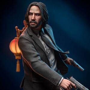 Close-up of John Wick figure holding dual pistols