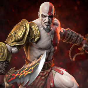Close-up of Kratos God of War figure with Blades of Chaos
