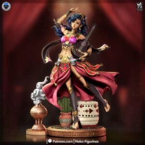 Computer-generated color render of Leda from Fire Emblem Fortune's Weave by Neko Figurines, featuring dark blue hair, a pink and gold costume, flowing red fabric, and an ornate desert-themed display base.