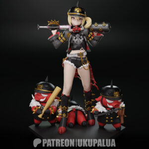 Computer-generated color render of Luciana de Montefio from Zenless Zone Zero by Ukupalua, showing an example of the statue's intended appearance with her black and gold outfit, oversized bat, and three red boar companions.